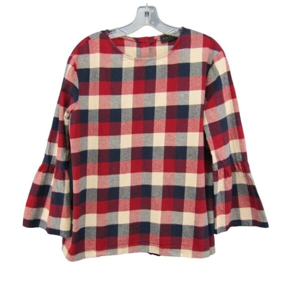 Hatch Maternity Red Navy Plaid Flannel Top Size M 2 Bell 3/4 Sleeves Back Button - Picture 1 of 10